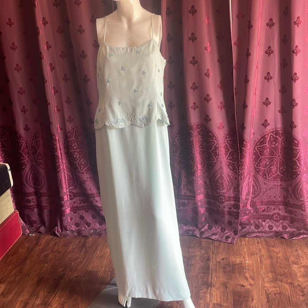 Vintage Y2K Karen Miller A-Line Blue Beaded Sleeveless Gown Size 14